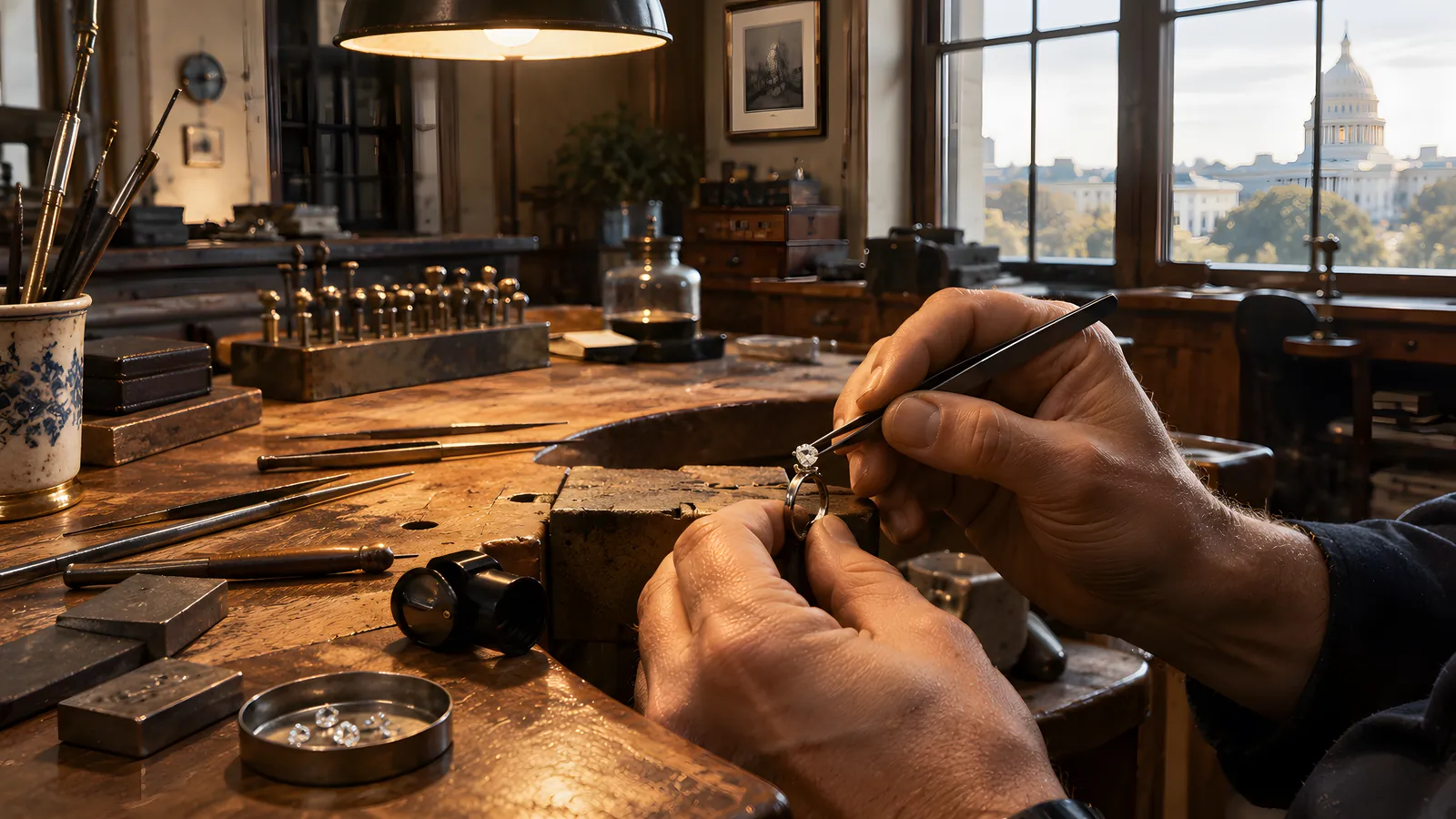 A jeweler's hands setting a diamond into a platinum ring at a wooden bench by a window in Washington, D.C.