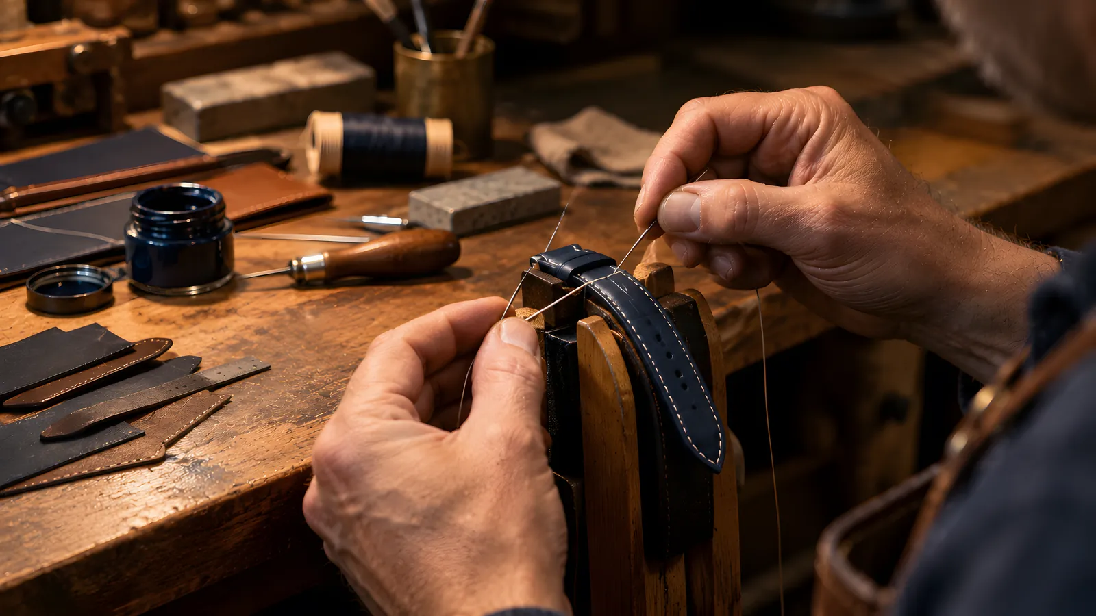 Craftsman hand-stitching a navy leather watch strap in a stitching clamp