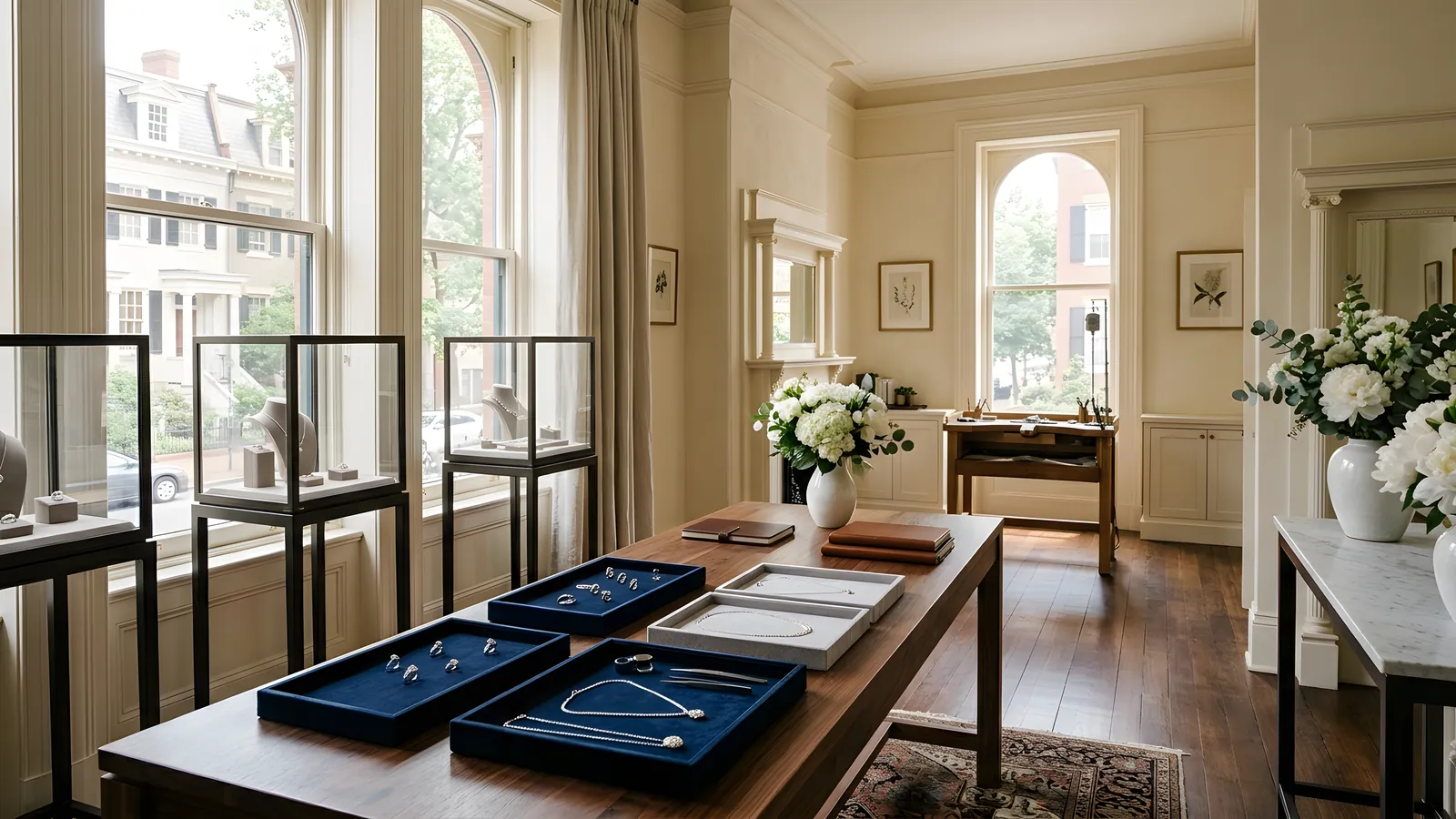The atelier showroom in Washington, D.C.: tall windows, a walnut table with navy velvet trays and glass vitrines