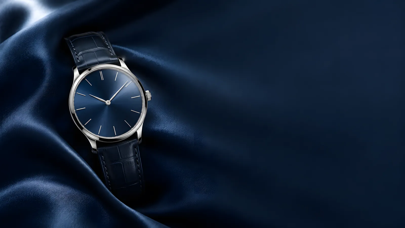 White-gold dress watch with a navy sunburst dial on deep navy silk