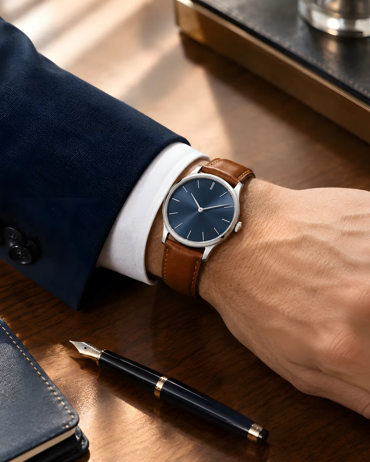 Gentleman's wrist in a white cuff wearing a navy-dial watch on a cognac strap beside a fountain pen